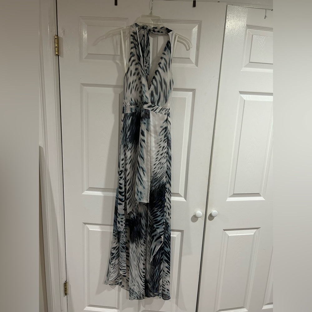 Bebe hi-low white and blue cheetah print dress